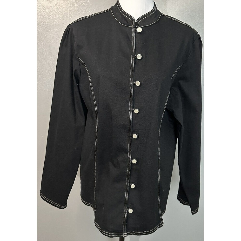 NWT Denim & Co Military Style Denim Coat Button Front Black Jean Jacket Sz L